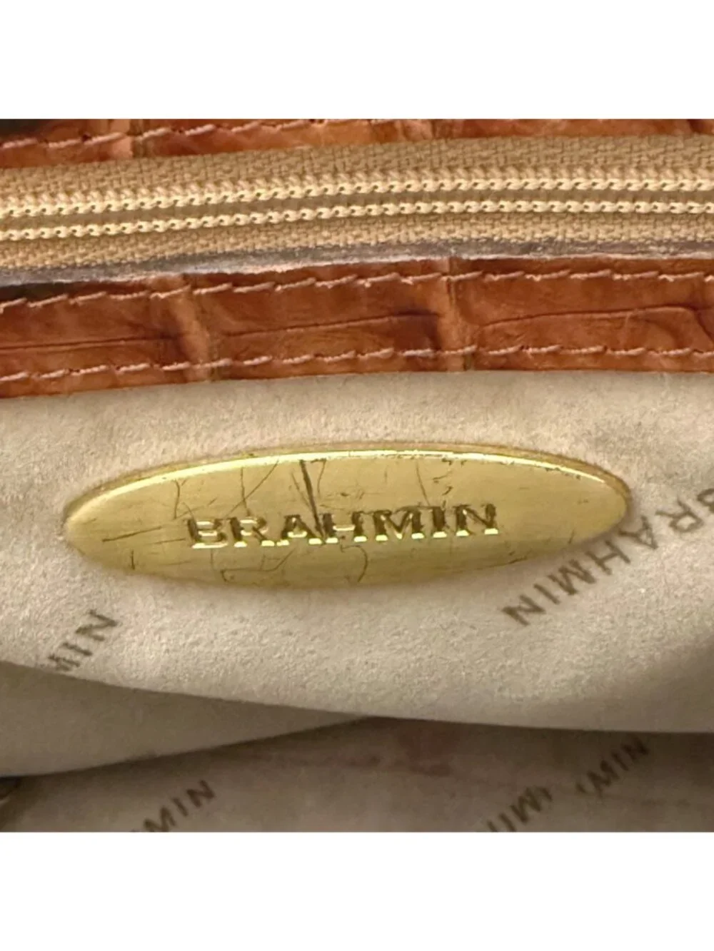 Brahmin Women's Satchel Bag Crocodile Embossed Leather Luxury Pecan Domed Lisa